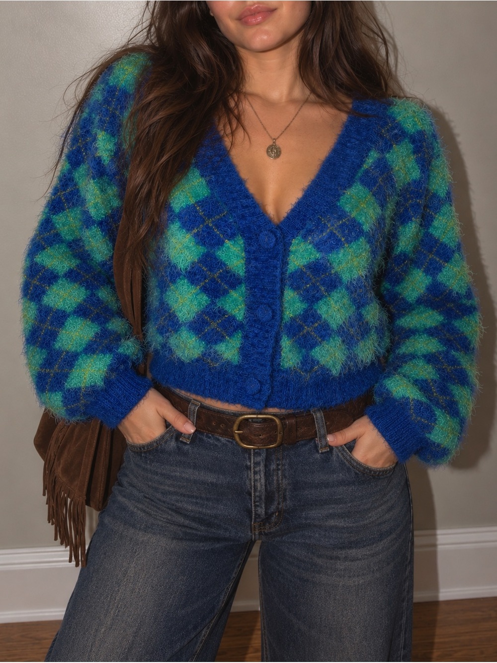 Delia’s Dolls Kill Fuzzy Green Blue Argyle Cardigan Cropped Sweater Size Medium